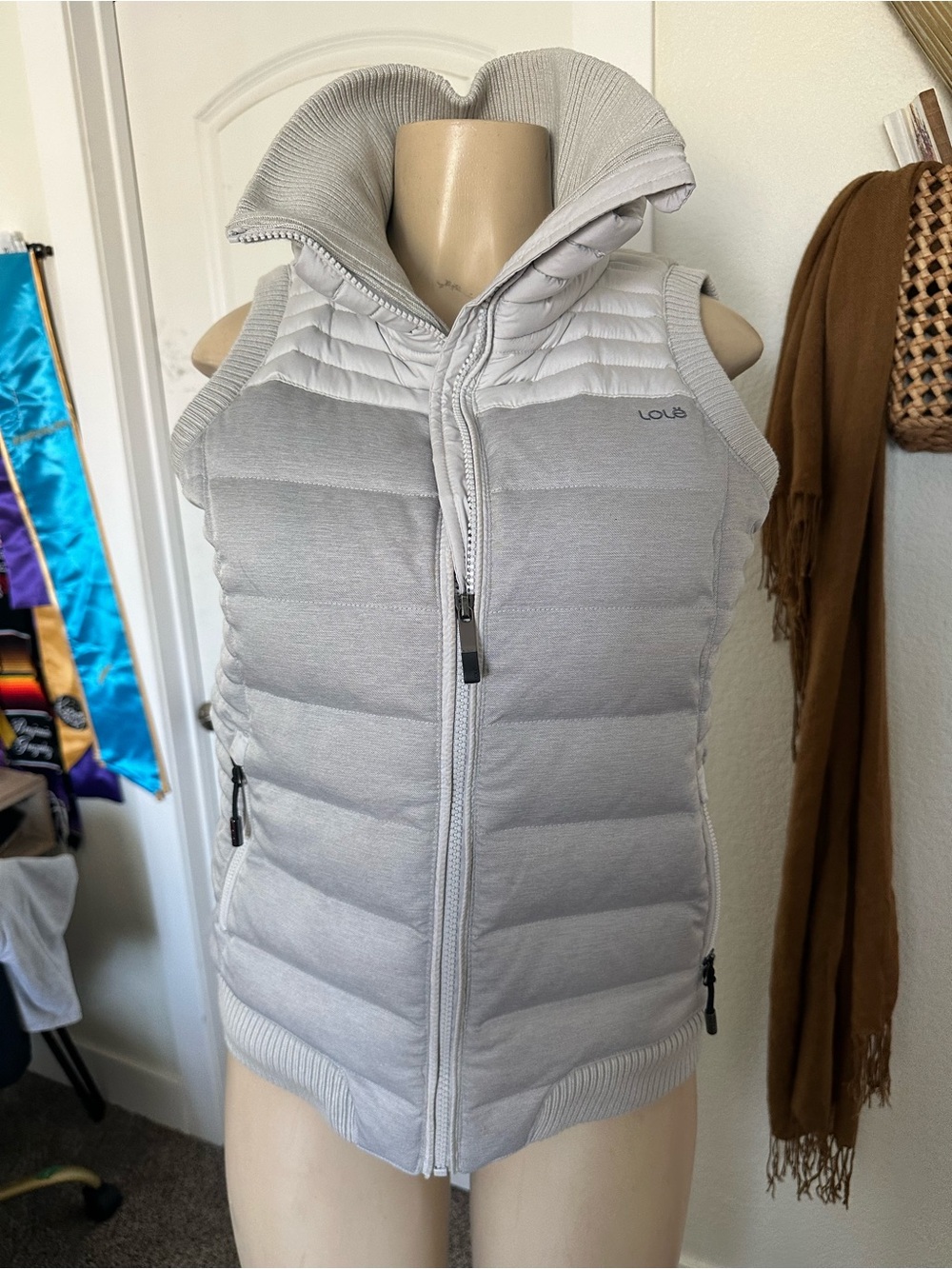 Lole Pale Gray Quilted Puffer Vest with High Collar